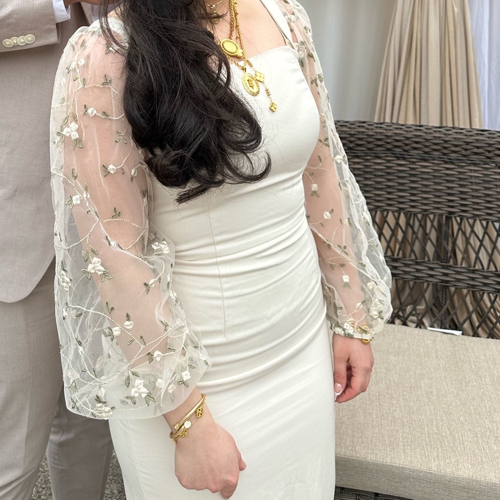 Elegant Cream Dress with Sheer Floral Sleeves